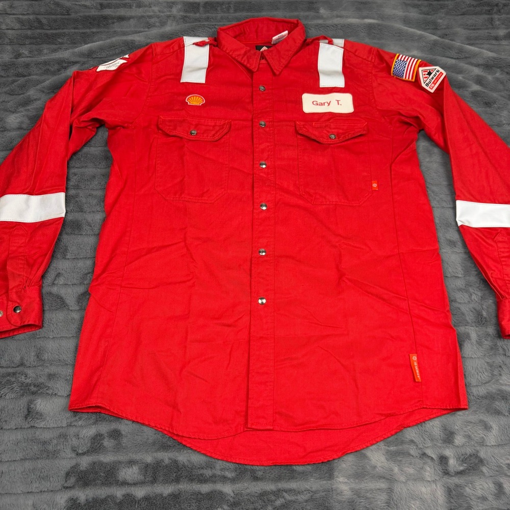 Bulwark FR iQ Series Red Nomex Work Shirt Shell Geismar ERT Patch Mens L 15257